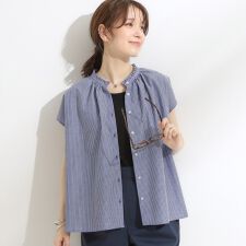【洗えるS-LL】プチフリル襟が女性らしい フレンチスリーブシャツ