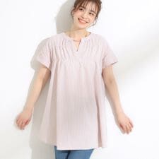 【S-LLひんやり体型カバー】サッカーストライプ Aラインチュニックブラウス