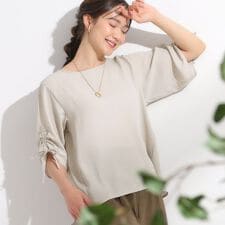 【セットアップ可洗えるS-LL】お袖シャーリング麻調5分袖ブラウス