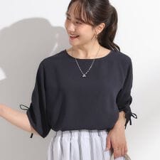 【セットアップ可洗えるS-LL】お袖シャーリング麻調5分袖ブラウス