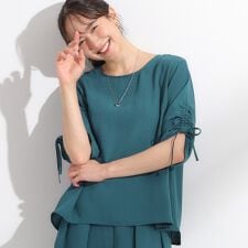【セットアップ可洗えるS-LL】お袖シャーリング麻調5分袖ブラウス