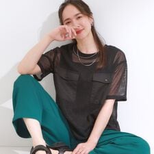 【S-LL】メッシュ素材で大人ヘルシー ポケット付きデザイントップス