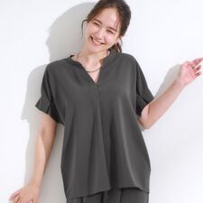 【S-LLセットアップ可ひんやり】きちんと見えで上品 お袖タック スキッパーブラウス