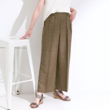 【S-LL洗濯後しわになりにくい】ゴールドパーツがアクセント 麻調タックワイドパンツ