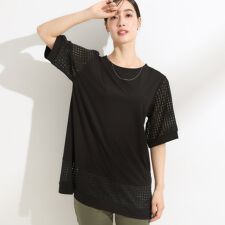 【ひんやりS-LL洗える】シアーチェックが涼やか 5分袖チュニック