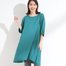 【S-LL洗濯後しわになりにくいUV6分袖】コットン風 Aラインチュニックワンピース