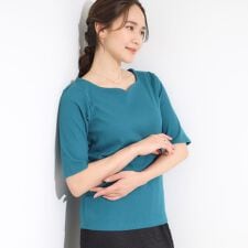 【S-LL】女性らしさ漂うハートネック テレコ5分袖トップス