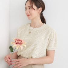 【S-LL】大人も着やすい愛らしさ リボンヤーン半袖トップス