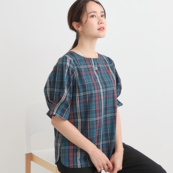 【25AW新品未開封】INDIAISBEAUTIFULツイルチェックブラウス S-LL5分袖】お袖タックできれいに魅せる 大人のチェックブラウス