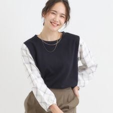 【高レビューS-LL】1枚で決まる お袖チェック 異素材使いトップス