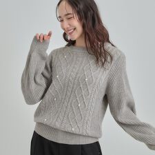 【洗濯機可S-LL】フェイクパールで上品見え ケーブルニット
