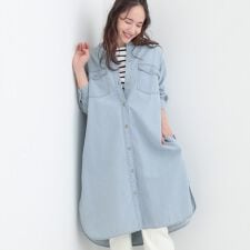 【ライトオンスデニムS-LL】体型カバーにも ロングデニムシャツワンピース