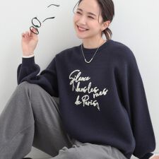 【洗濯機可S-LL】裾スカラップが差がつく コード刺繍ロゴニット