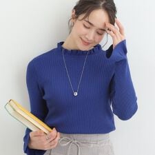 【洗濯機可S-LL】お袖と襟のフリルで大人上品 やわらかリブニット