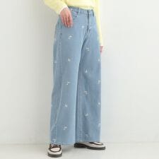 【洗濯機可S-LL】フラワー刺繍が女性らしさをプラス バギーデニムパンツ