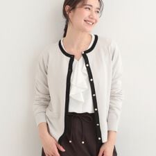 【洗濯機可S-LLアンサンブル可】パールボタンが上品　配色カーディガン