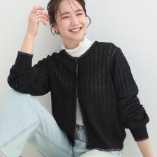 編み柄が上品 ラメ入り透かし編みカーディガン