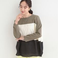 【洗濯機可S-LL体型カバー】インせず着られる 3段切替 配色トップス