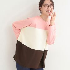 【洗濯機可S-LL体型カバー】インせず着られる 3段切替 配色トップス