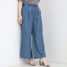 【着丈選べる】ウエストリボン付き　デニムワイドイージーパンツ