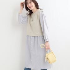 【S-LL体型カバー】ストライプ柄ドッキングワンピース