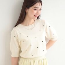 【S-LL】ドット刺繍5分袖ニット