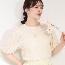 【洗濯機可S-LL】ウェーブ柄ジャカード パフスリーブトップス