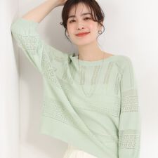 【洗濯機可S-LL】軽やかきれい見え 透かし柄ニット