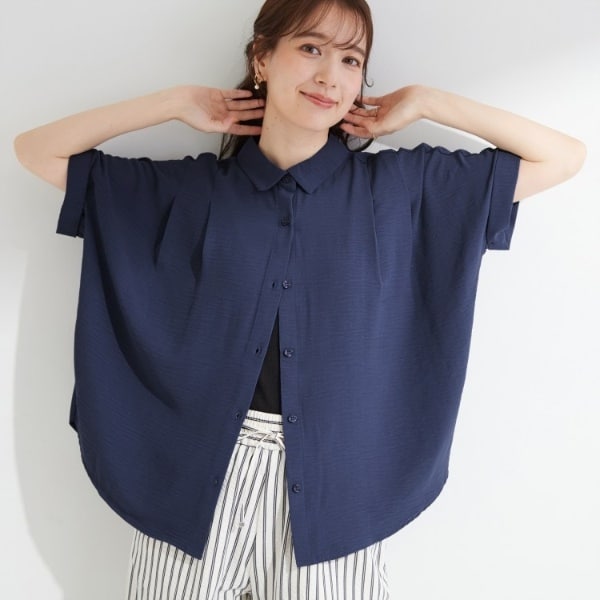 美品 アドーア リネン混プルオーバー 紺色 38 変形袖 バックファスナー 半袖 洗濯後しわになりにくい体型カバー】二の腕も隠せる お袖ロールアップ
