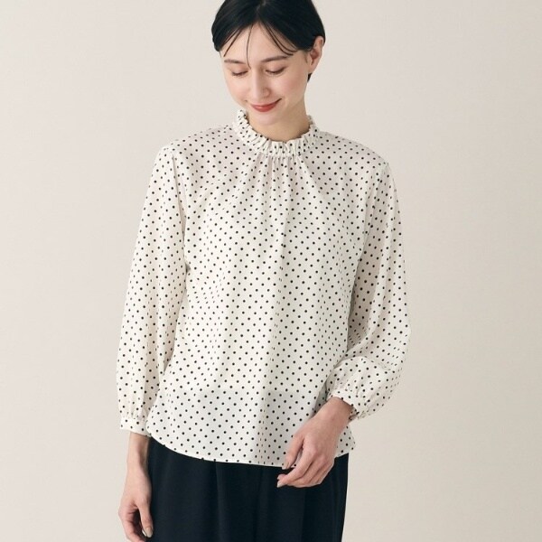 洗える】ドット柄 フリルネックブラウス(XS~L) | デッサン 洗える】ドット柄 フリルネックブラウス(XS~L) | デッサン