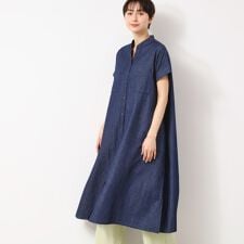 【洗える】リネンブレンドデニム調シャツワンピース（S～L）