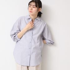 【洗える】ロゴ刺繍入りストライプオーバーシャツ