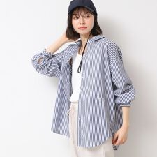 【洗える】ロゴ刺繍入りストライプオーバーシャツ