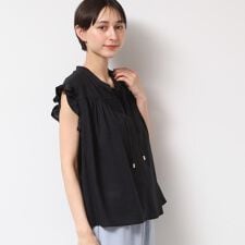 【洗える】レーヨン麻フリルスリーブブラウス