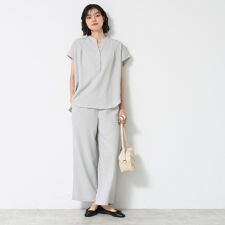 【2点セットウエストゴム洗える】スキッパ―シャツ＆ストレートパンツセット
