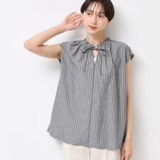 【洗える】ストライプ柄フレンチスリーブスキッパ―ブラウス