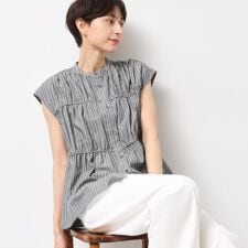 【洗える】ストライプ柄ギャザーブラウス