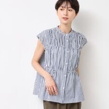 【洗える】ストライプ柄ギャザーブラウス