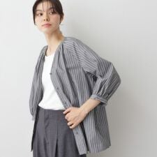 【洗える】ストライプカフス袖ブラウス
