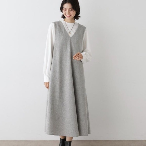 フレッドペリー　ワンピース　ギャザー　Aライン　フレア　ロゴ刺繍　ウール　グレー フレッドペリー ワンピース ギャザー Aライン フレア ロゴ刺繍 ウール