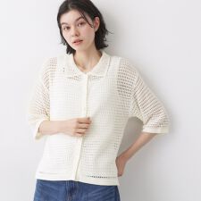 【洗える】透かし編み襟付きニットカーディガン