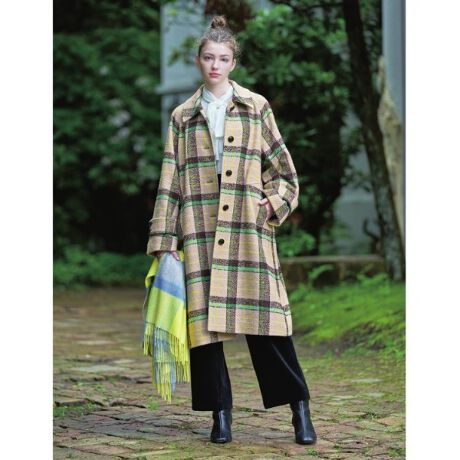 オリジナル柄女性らしいフォルム】ウールチェックステンカラーコート 