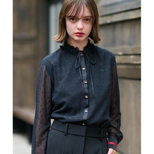 新品タグ付きDRESSTERIOR フィルムドットフリルネックブラウス otonaMUSE11月号掲載/洗える】フィルムドットフリルネックブラウス