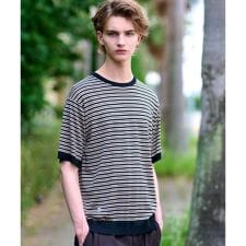 シルク混ボーダーハーフスリーブニットT