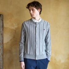 ウールレーヨン ストライプラウンドネックカーディガン