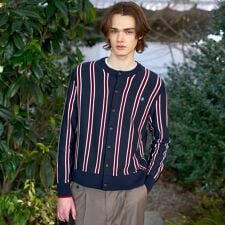 ウールレーヨン ストライプラウンドネックカーディガン