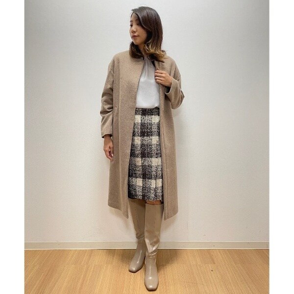 ロングコート 【新品】P.D.T ウール混ノーカラーコート ホワイト M