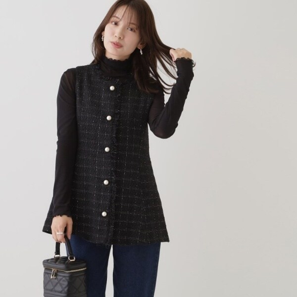 パール調ボタンツイードベスト | クチュールブローチ(Couture Brooch