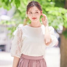 【接触冷感・UV・マシンウォッシャブル】袖レースデザイントップス