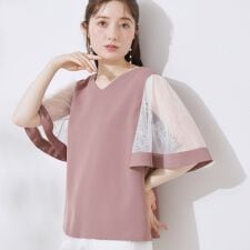 【マシンウォッシャブル・シアー・細見え】Vネック袖レースフレアブラウス